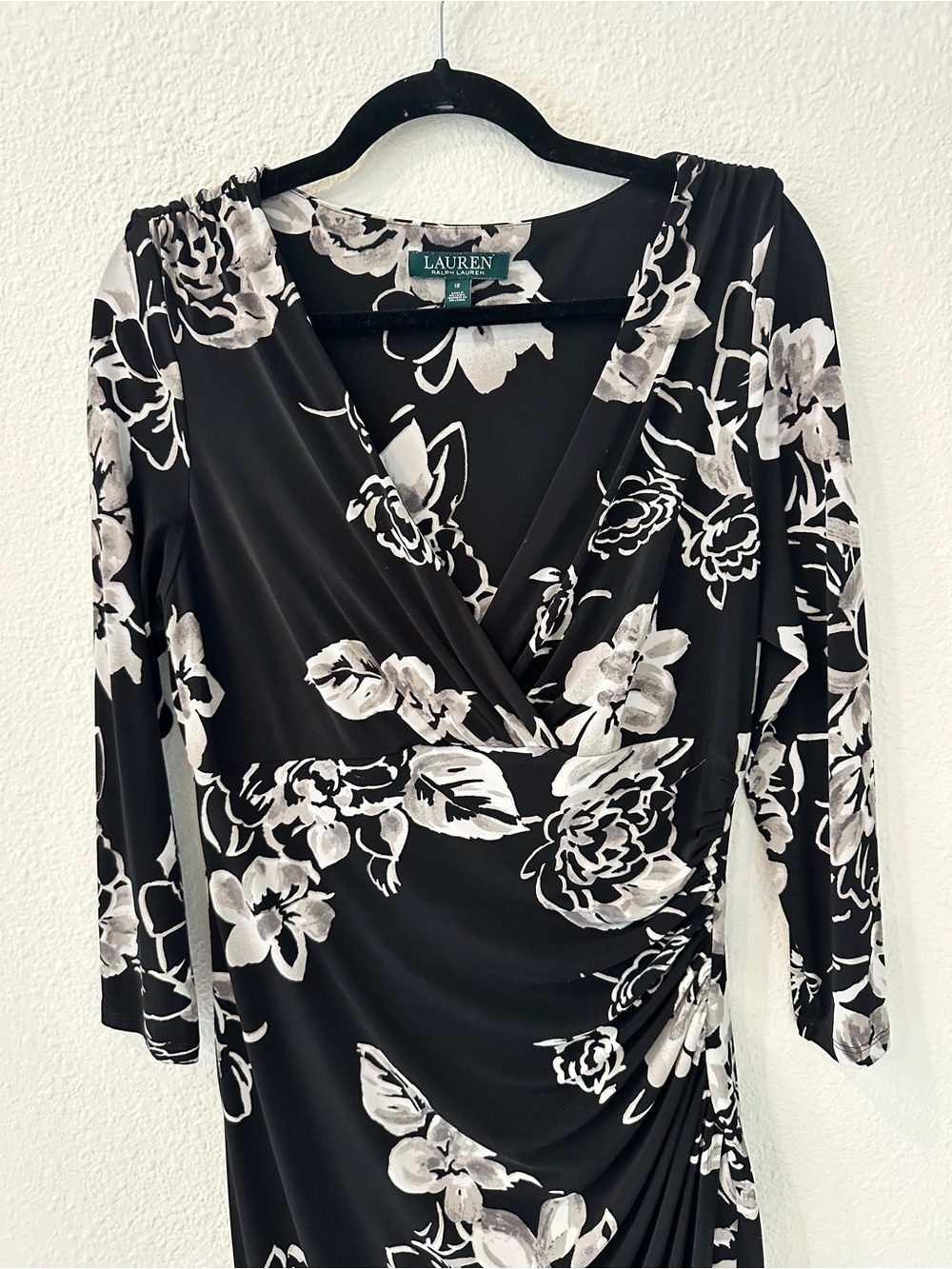Ralph Lauren Black & White Floral Wrap-Style Long Sleeve Dress - Picture 2 of 5